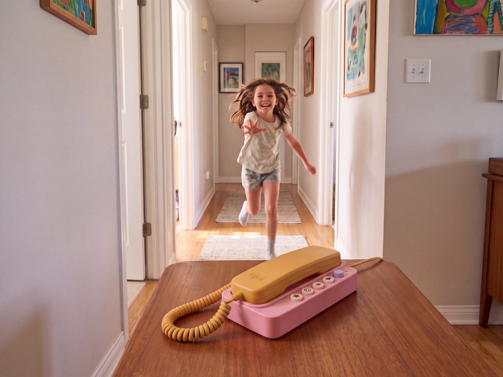 Niña corriendo a atender su ajoi, que suena sobre la mesa del pasillo