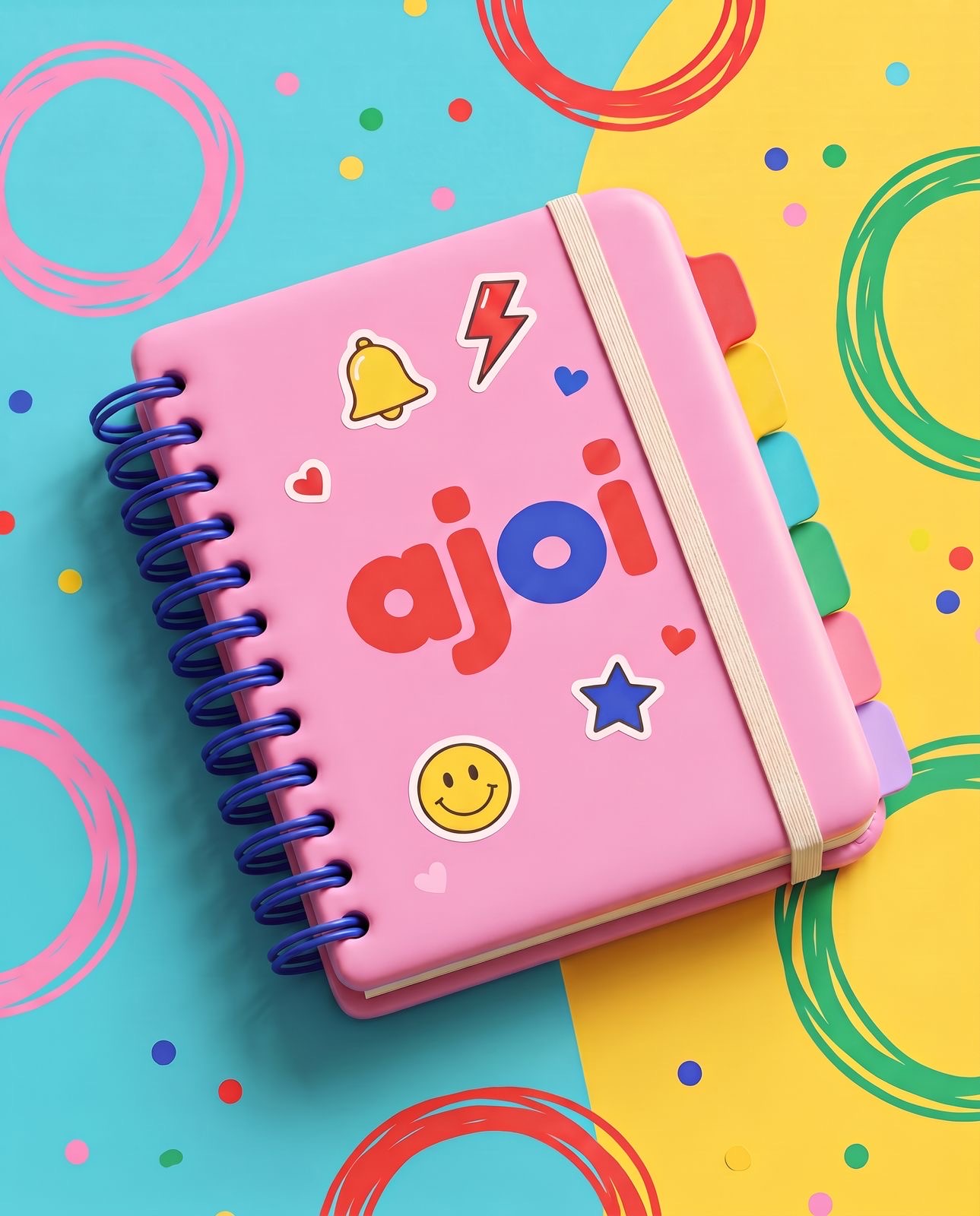 Libreta ajoi rosa con stickers de campana, rayo, estrella y carita feliz