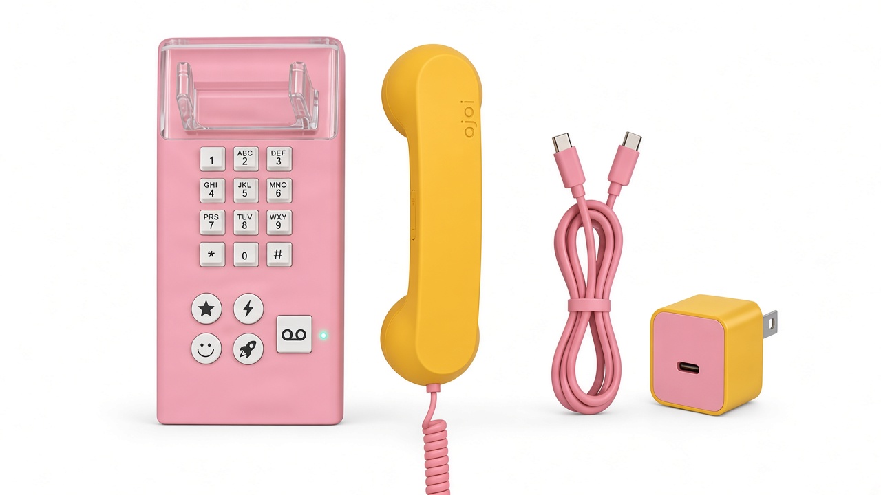 ajoi Frutilla — teléfono rosa con tubo amarillo